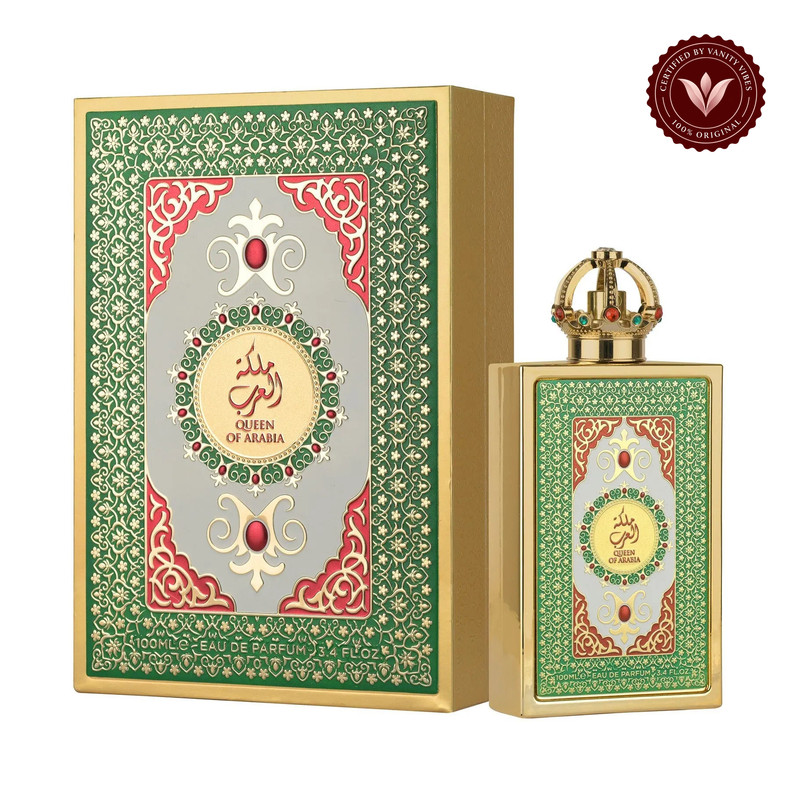 Queen of Arabia Lattafa Pride 100ml EDP bottle with matching box on white background — Vanity Vibes