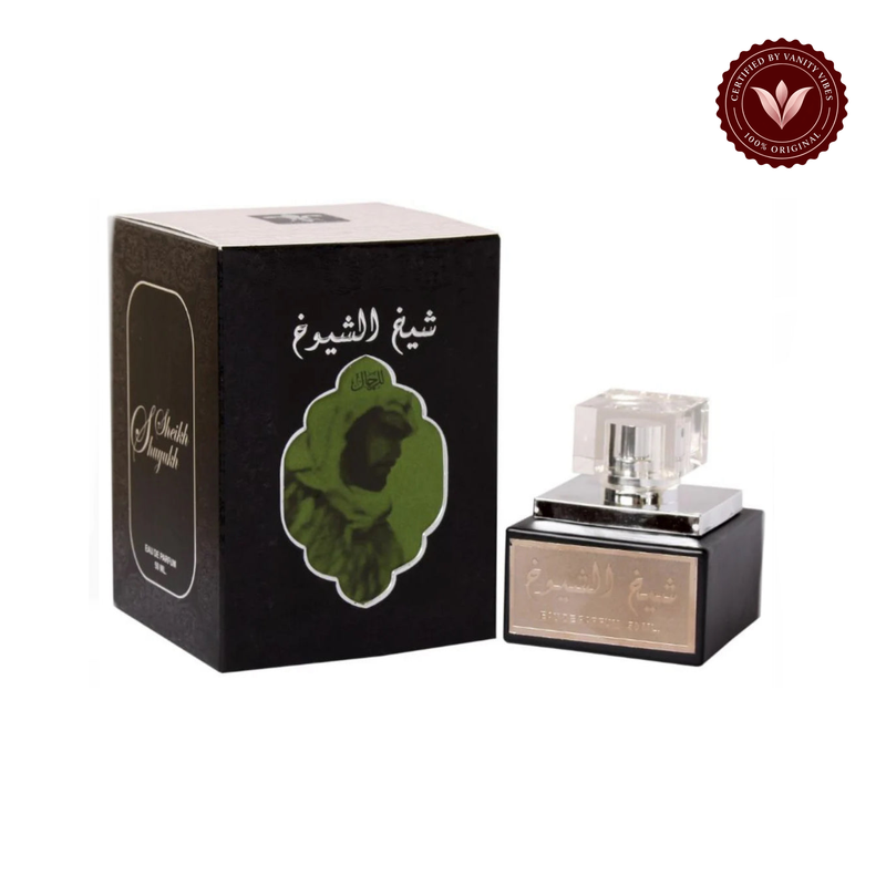 Lattafa Sheikh Al Shuyukh Black EDP 100 ml — bottle and box on white background with Vanity Vibes badge