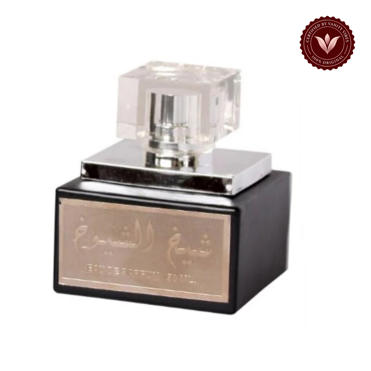 Lattafa Sheikh Al Shuyukh Black EDP 100 ml — single bottle on white background with Vanity Vibes badge