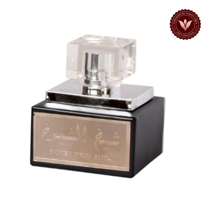 Lattafa Sheikh Al Shuyukh Black EDP 100 ml — single bottle on white background with Vanity Vibes badge