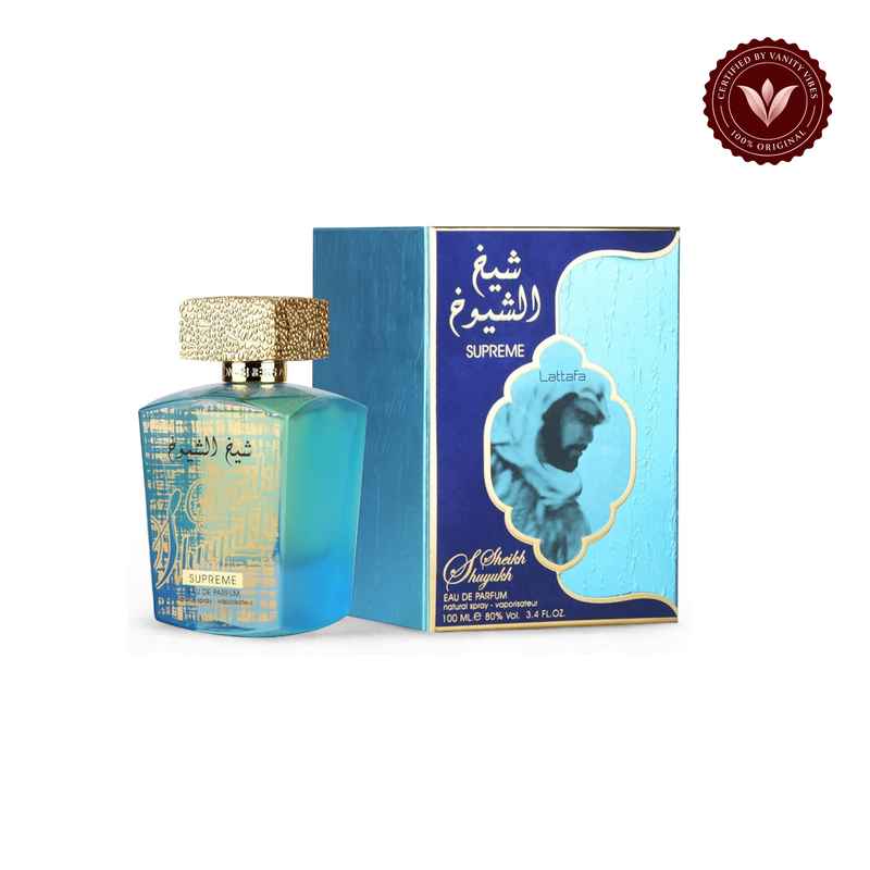 Sheikh Al Shuyukh Supreme 100ml perfume bottle with box on white background, Vanity Vibes badge