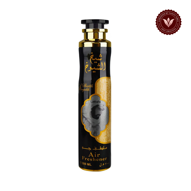 Lattafa Sheikh Shuyukh Air Freshener 300ml front product on white background with Vanity Vibes badge