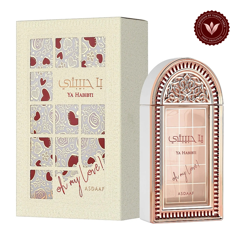 Asdaaf Ya Habibti EDP 100ml bottle and matching box on white background — Vanity Vibes