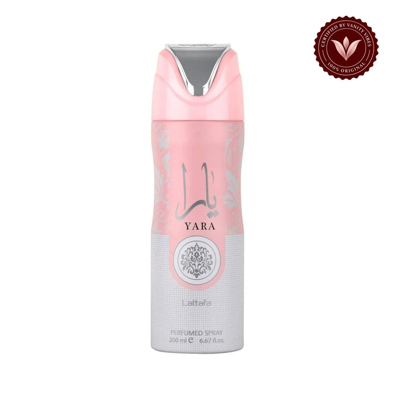 Lattafa Yara body spray 200ml — centered front product on white with Vanity Vibes badge