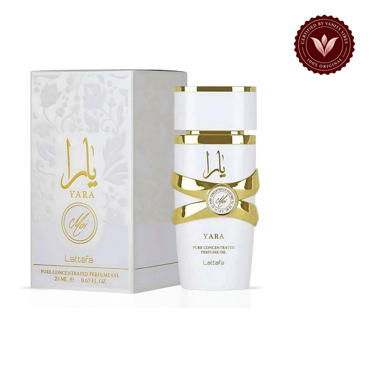 Lattafa Yara Moi Concentrated Perfume Oil 20ml box and product on white background with Vanity Vibes authenticity badge