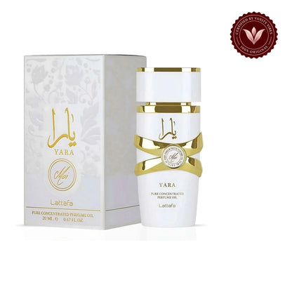 Lattafa Yara Moi Concentrated Perfume Oil 20ml box and product on white background with Vanity Vibes authenticity badge