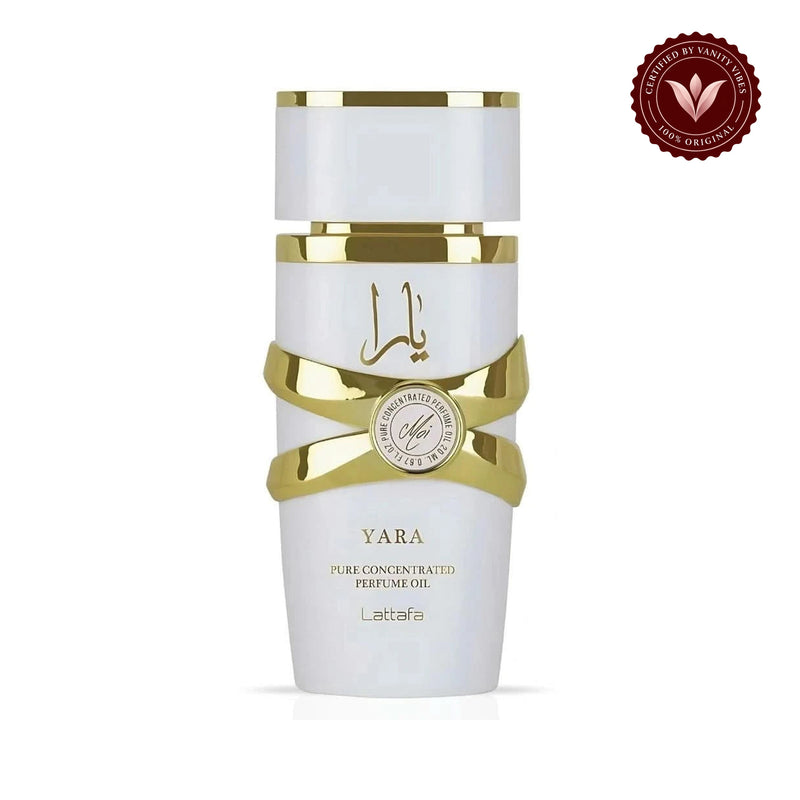 Lattafa Yara Moi Concentrated Perfume Oil 20ml, single product on white background with Vanity Vibes authenticity badge