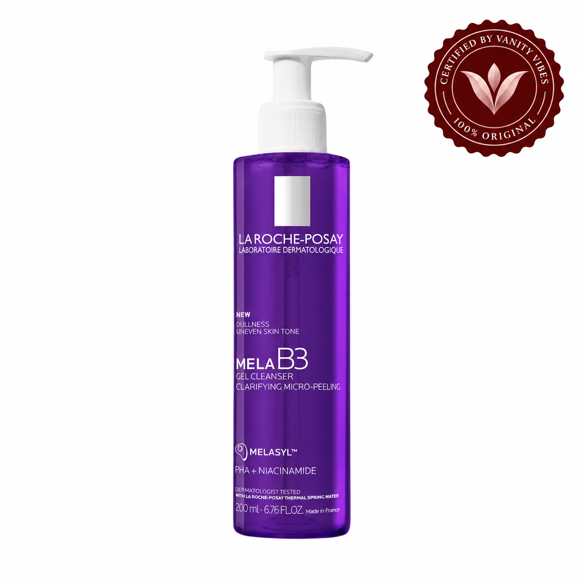 La Roche-Posay Mela B3 200 ml gel cleanser front view with Vanity Vibes seal