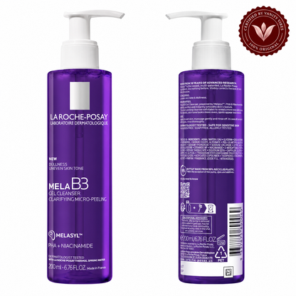La Roche-Posay Mela B3 200 ml cleanser front and back bottle views with Vanity Vibes seal