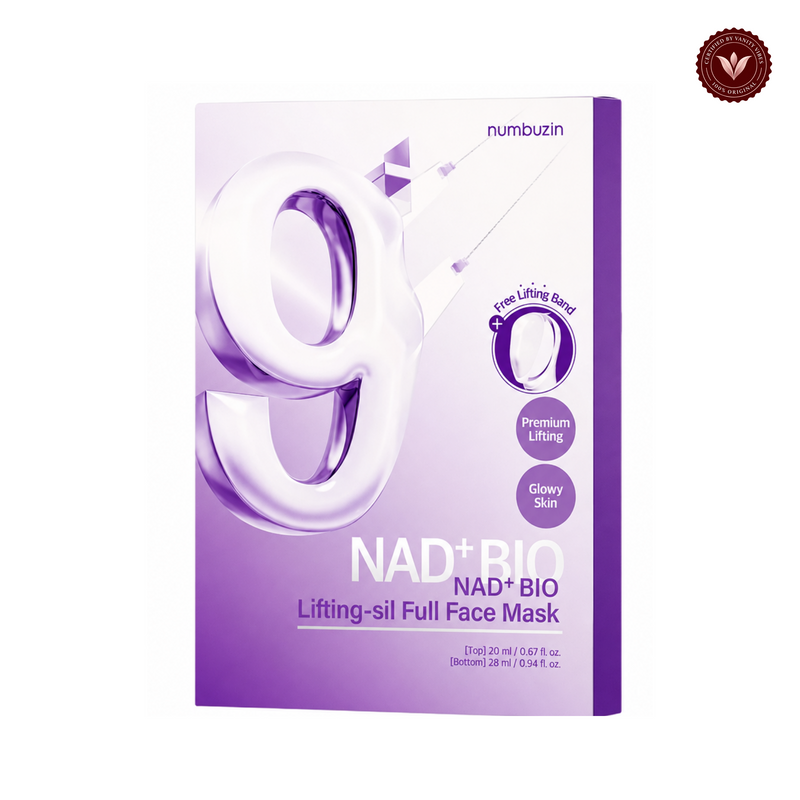 Numbuzin No.9 NAD+ Bio Lifting-Sil Full Face Mask 4 Piece on white with Vanity Vibes badge