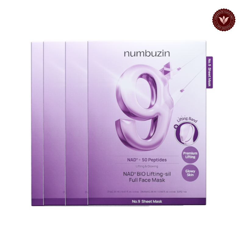 Numbuzin No.9 NAD+ Bio Lifting-Sil Full Face Mask 4 Piece package view with Vanity Vibes badge