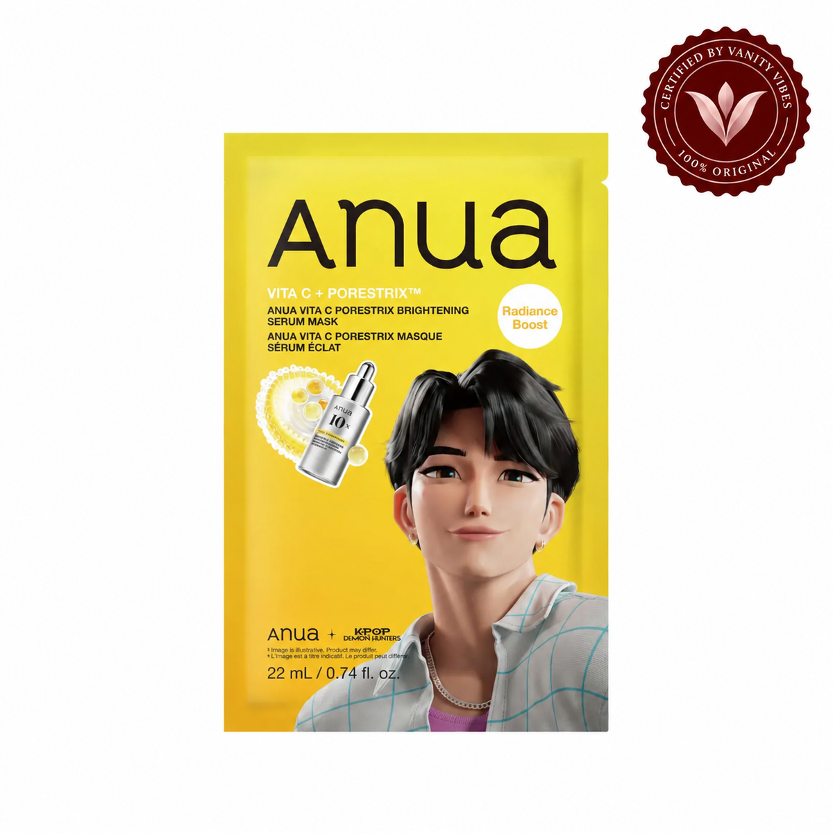 Anua Vita C Porestrix KPop Demon Hunters Edition 22ml sheet mask sachet, front view on white with Vanity Vibes stamp