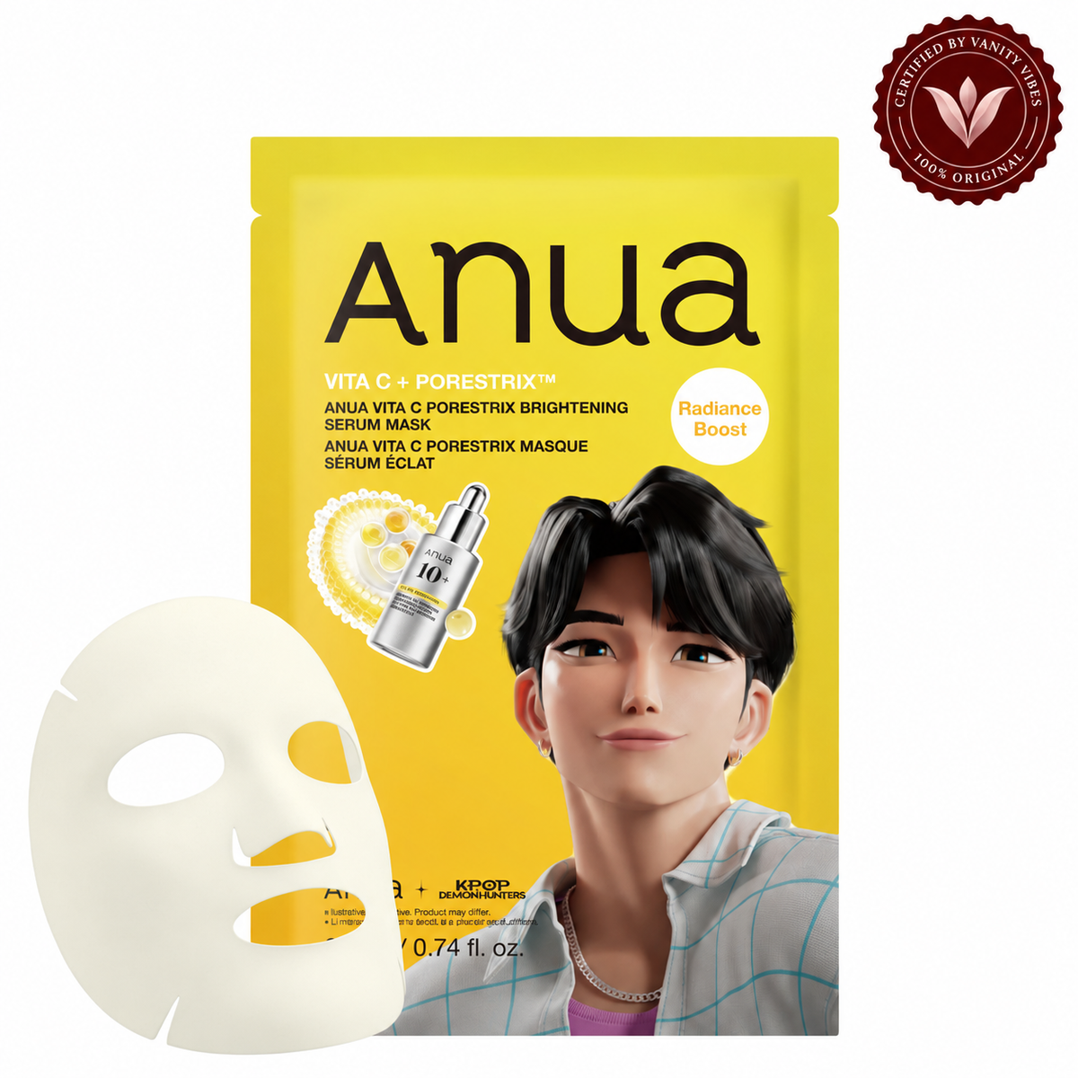 Anua Vita C Porestrix KPop Demon Hunters Edition 22ml mask with sheet mask, white background and Vanity Vibes stamp