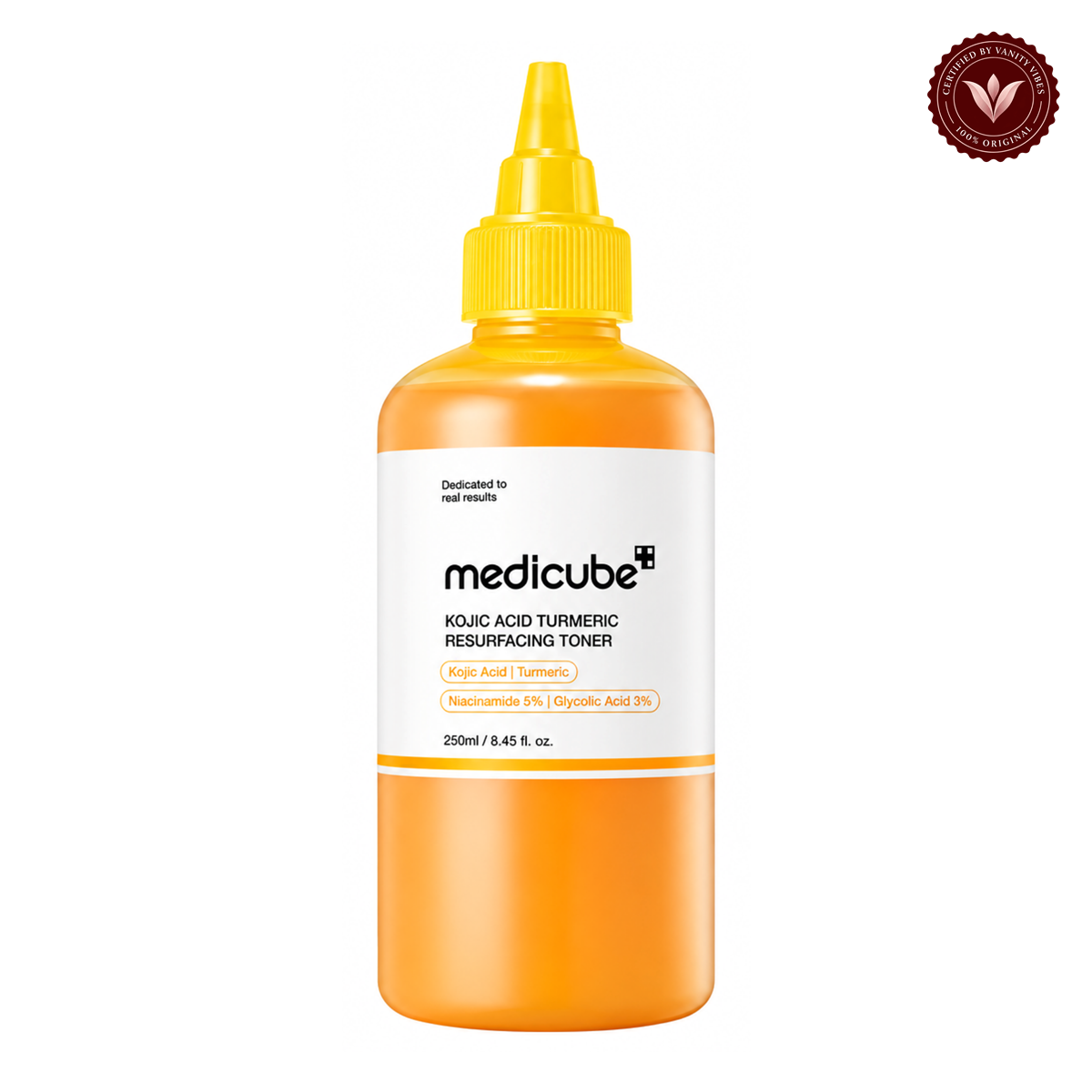 Medicube Kojic Acid Turmeric Resurfacing Toner 250ml front product photo with Vanity Vibes seal