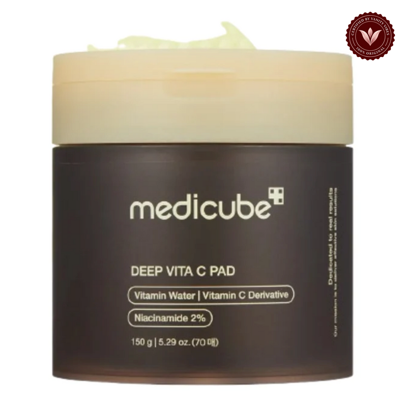 Medicube Deep Vita C Pads 70 Pads front product photo with Vanity Vibes seal