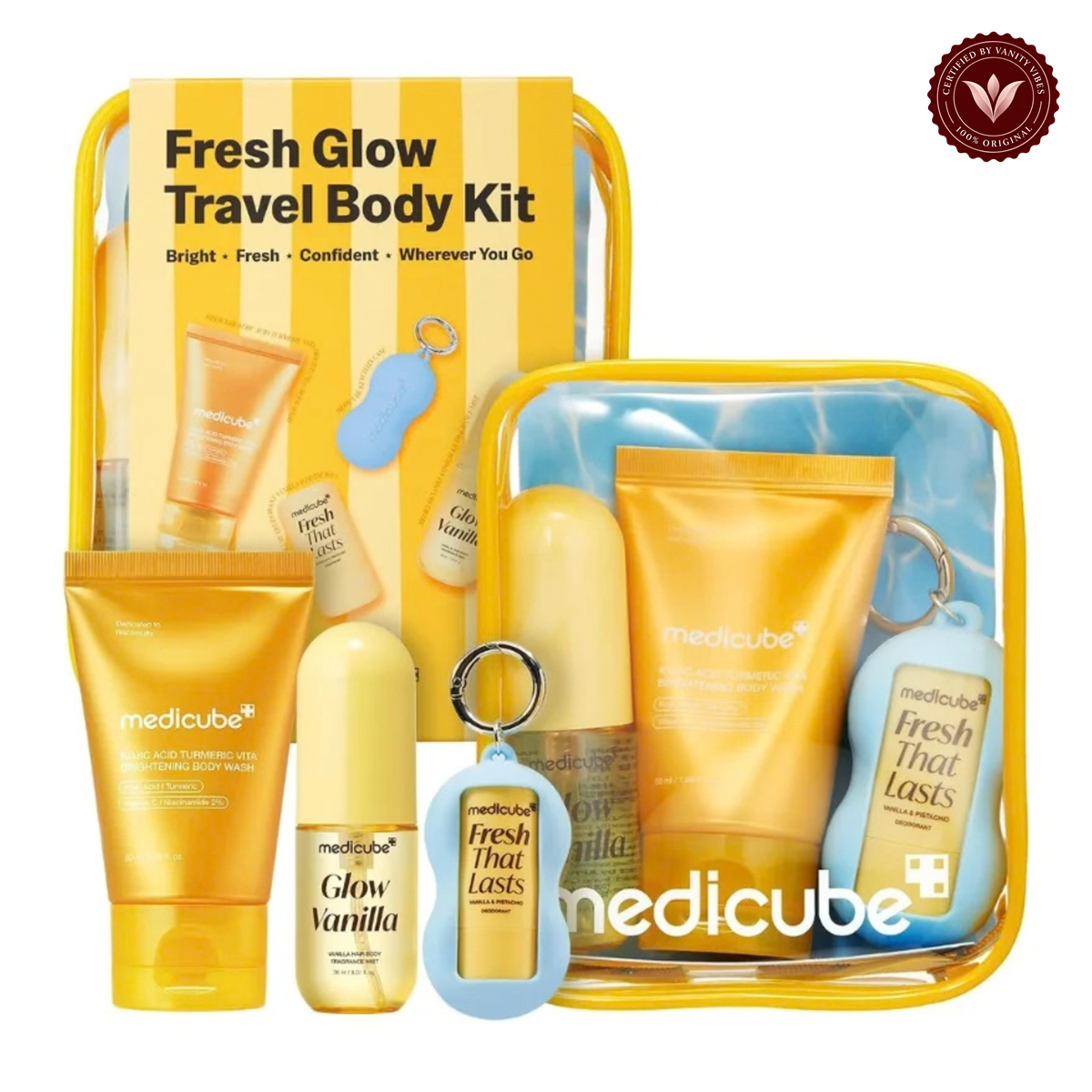 Medicube Fresh Glow Travel Body Kit 3 Piece front product photo with Vanity Vibes seal