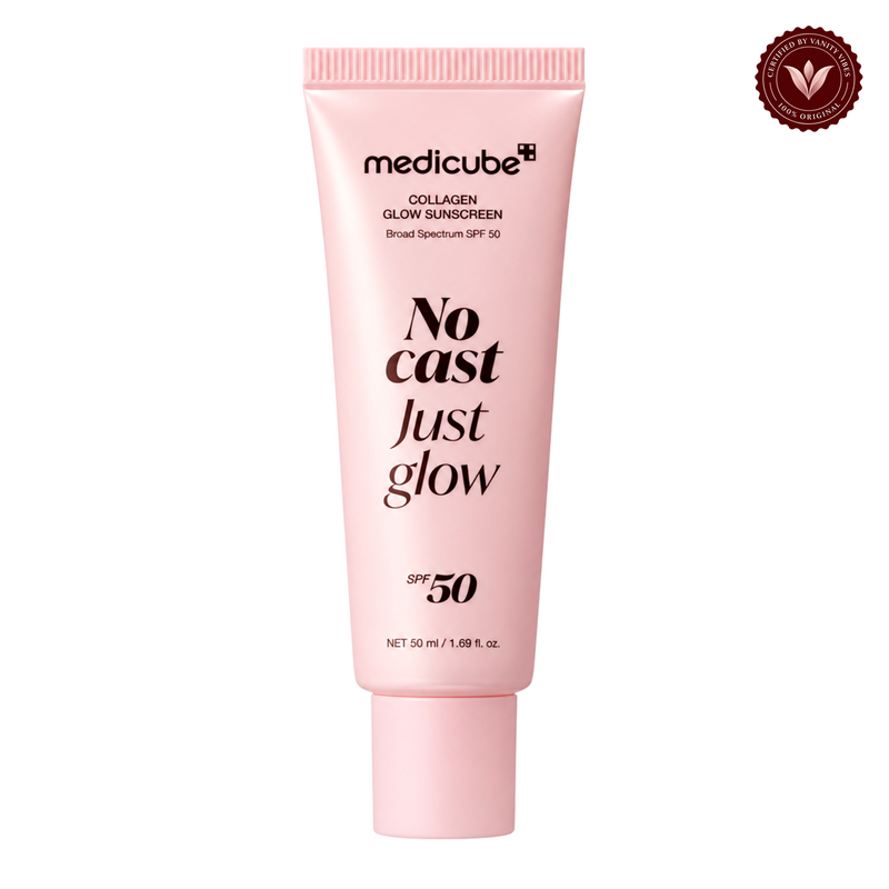 Medicube Collagen Glow Sunscreen No Cast Just Glow SPF50 50ml front product photo with Vanity Vibes seal