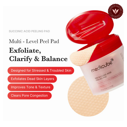 Medicube Red Succinic Acid Panthenol Pads 70 Pads front product photo with Vanity Vibes seal