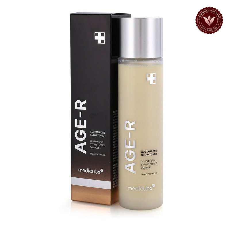 Medicube Age-R Glutathione Glow Toner 140ml product photo on a white background with the Vanity Vibes seal at upper right