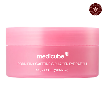 Medicube PDRN Caffeine Collagen Eye Patch 60 Patches front product photo with Vanity Vibes seal