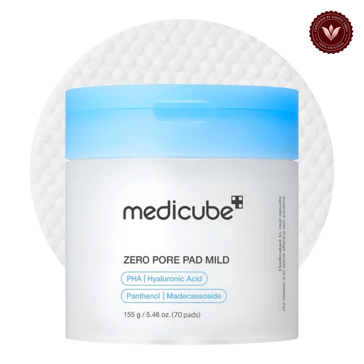 Medicube Zero Pore Pad Mild 70 Pads front product photo with Vanity Vibes seal