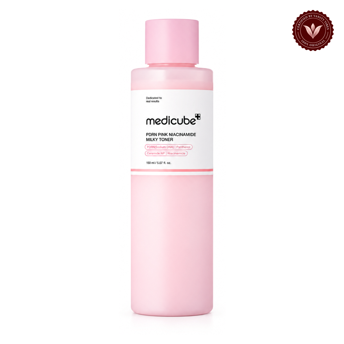 Medicube PDRN Pink Niacinamide Milky Toner 150ml front product photo with Vanity Vibes seal