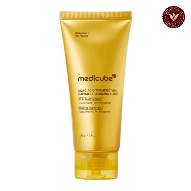 Medicube Kojic Acid Turmeric Toning Cleanser 120gm front product photo with Vanity Vibes seal