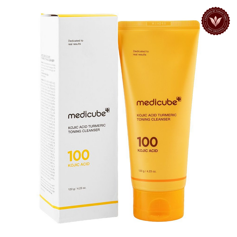 Medicube Kojic Acid Turmeric Toning Cleanser 120gm product photo on a white background with the Vanity Vibes seal at upper right