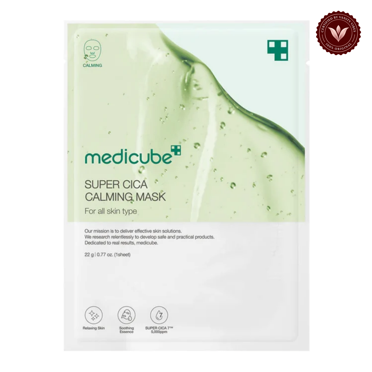 Medicube Super Cica Calming Mask 1 Piece front product photo with Vanity Vibes seal