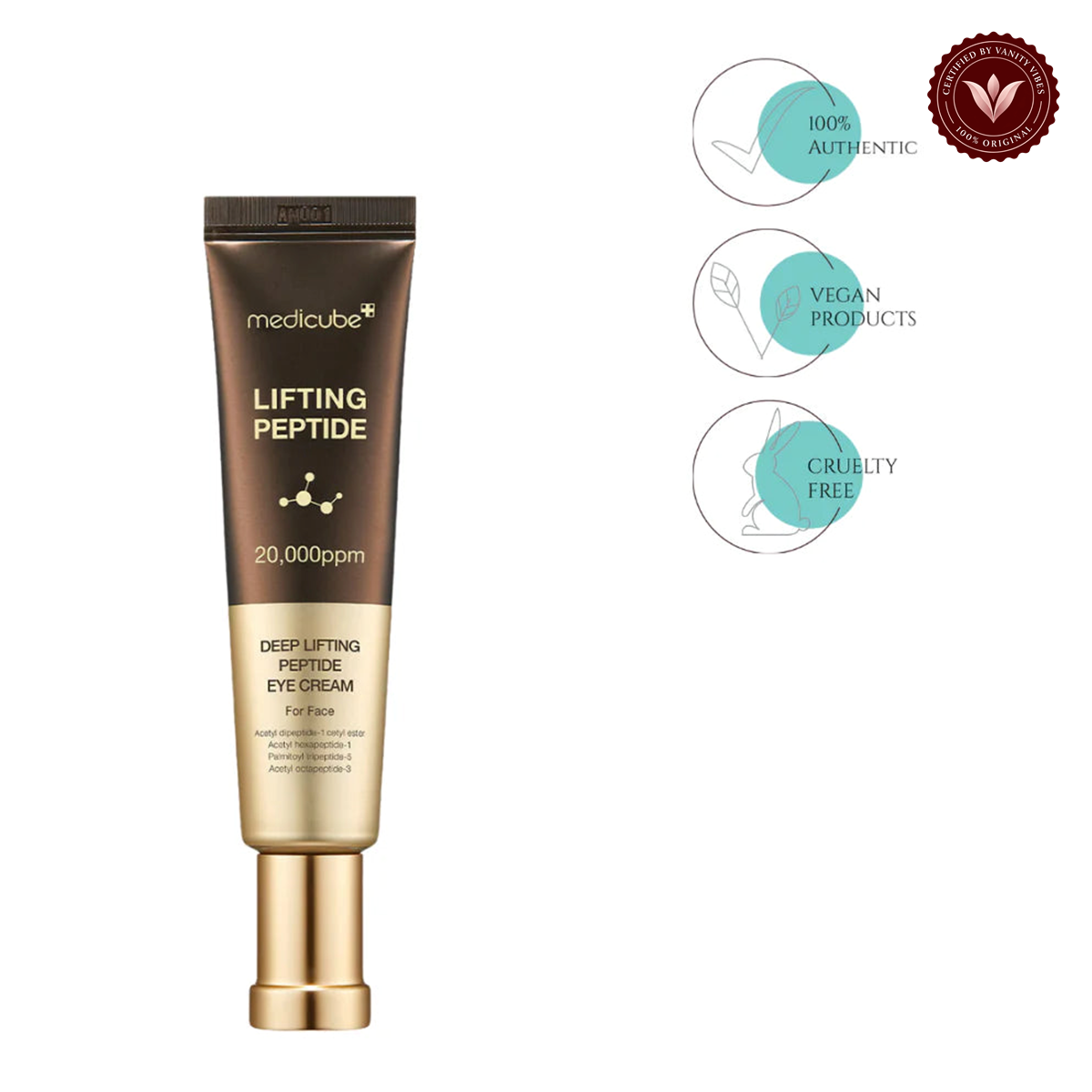 Medicube Deep Lifting Peptide Eye Cream 30ml front product photo with Vanity Vibes seal