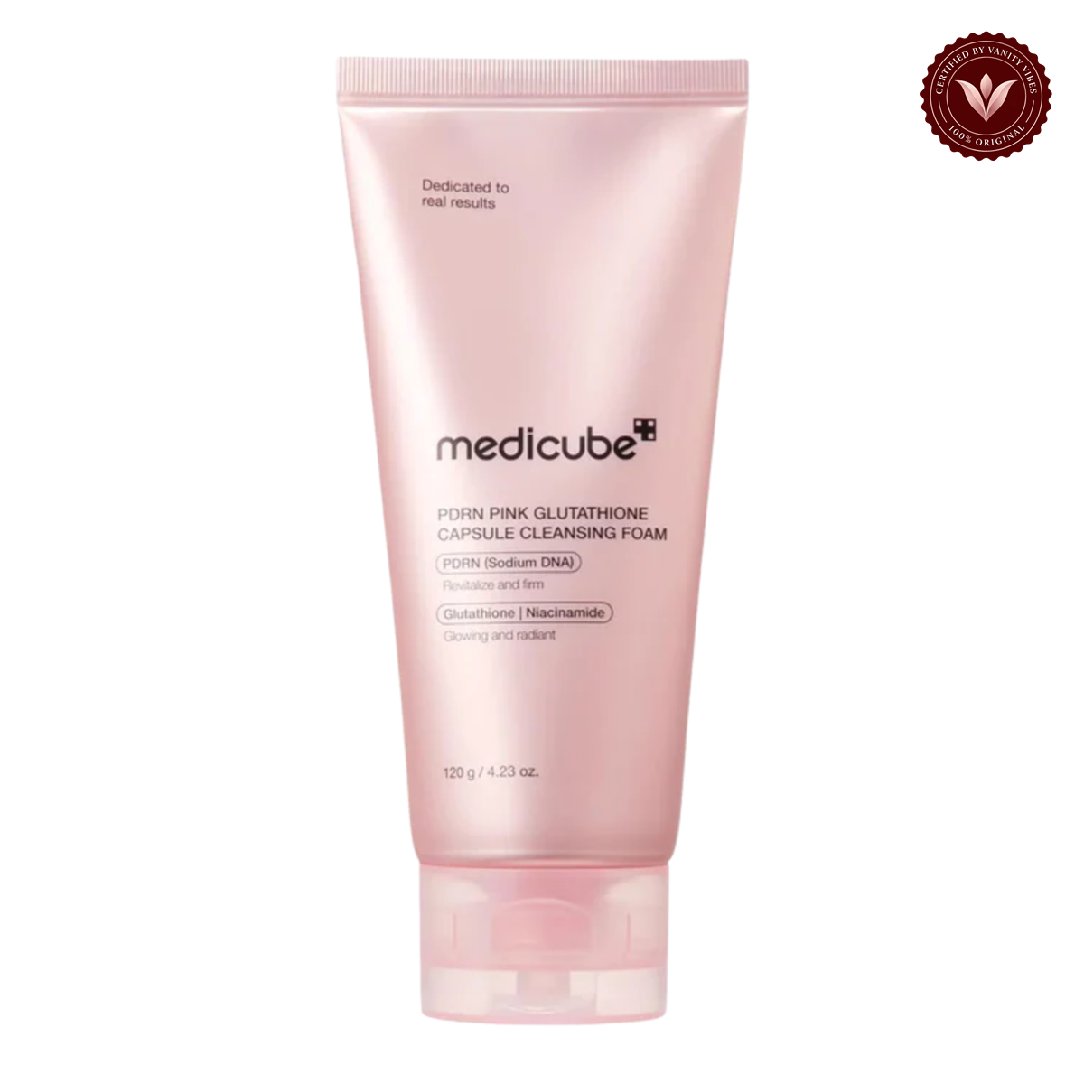 Medicube PDRN Pink Glutathione Capsule Cleansing Foam 120gm front product photo with Vanity Vibes seal
