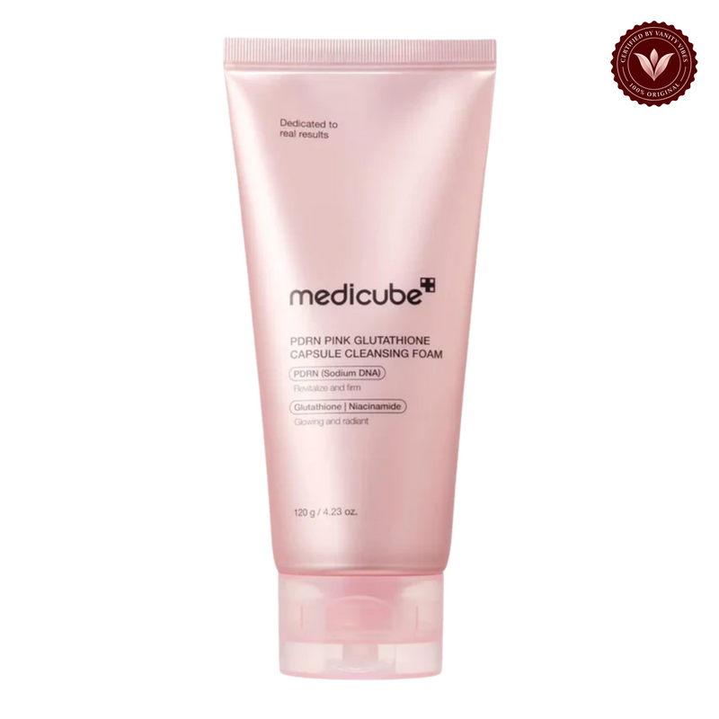 Medicube PDRN Pink Glutathione Capsule Cleansing Foam 120gm front product photo with Vanity Vibes seal