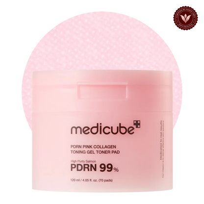 Medicube PDRN Pink Collagen Toning Gel Toner Pad 70 Pads front product photo with Vanity Vibes seal