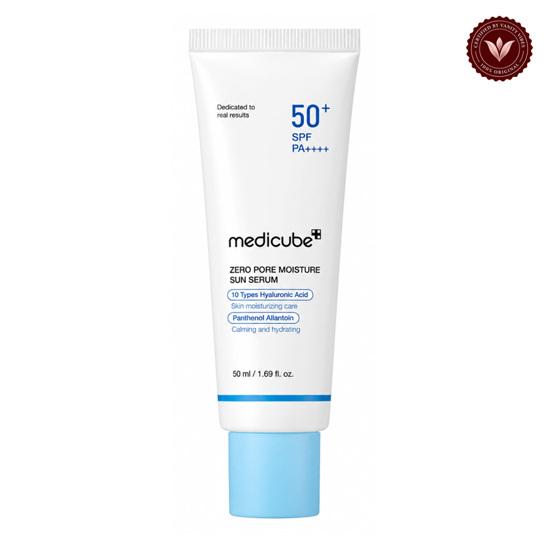 Medicube Zero Pore Moisture Sun Serum SPF 50+ PA++++ 50ml front product photo with Vanity Vibes seal