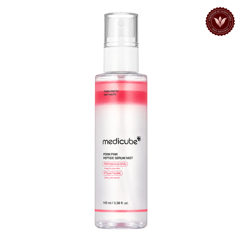 Medicube PDRN Pink Glutathione Serum Mist 100ml front product photo with Vanity Vibes seal
