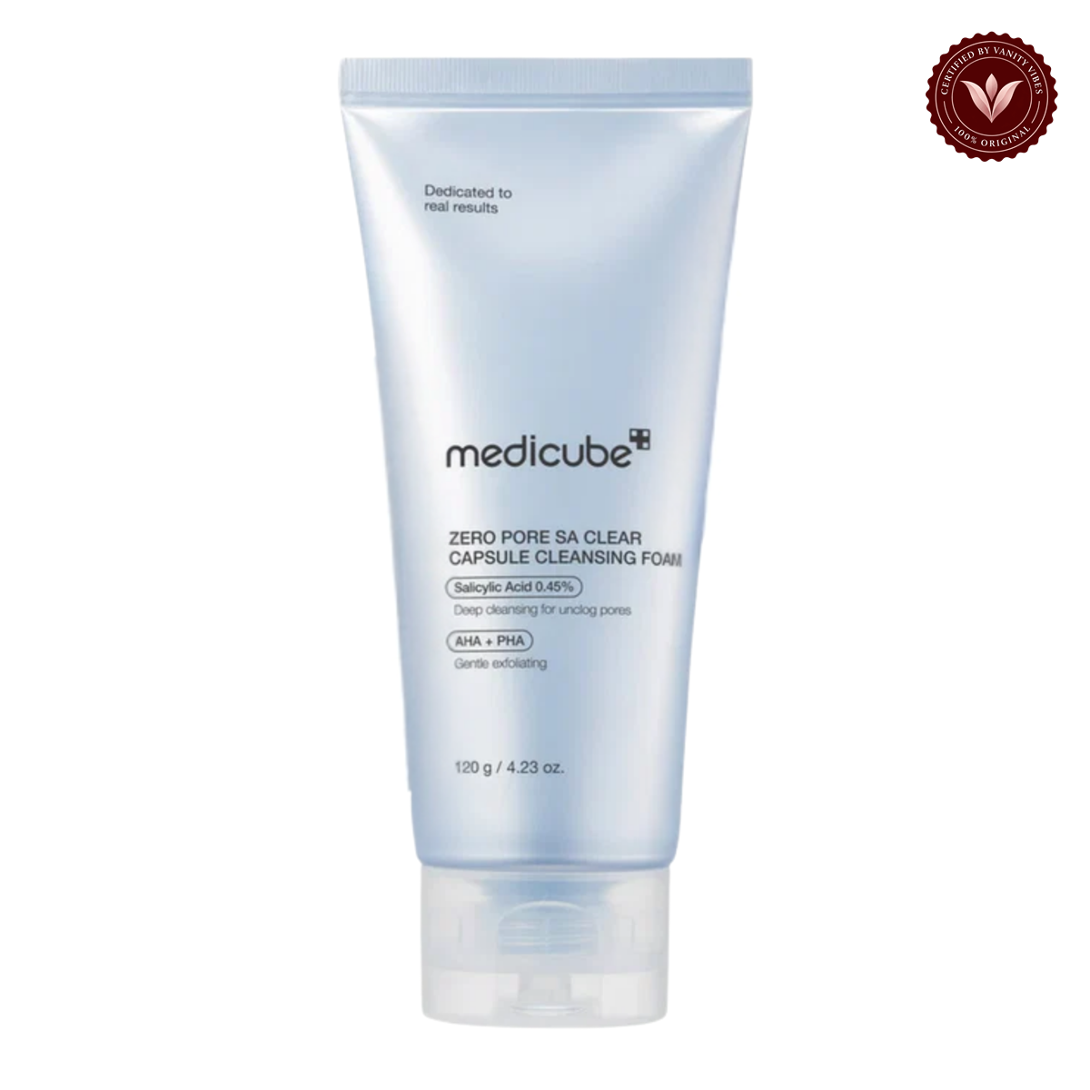 Medicube Zero Pore SA Clear Capsule Cleansing Foam 120gm front product photo with Vanity Vibes seal