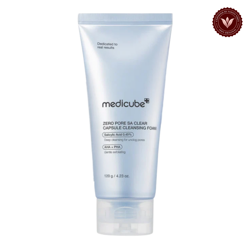 Medicube Zero Pore SA Clear Capsule Cleansing Foam 120gm front product photo with Vanity Vibes seal