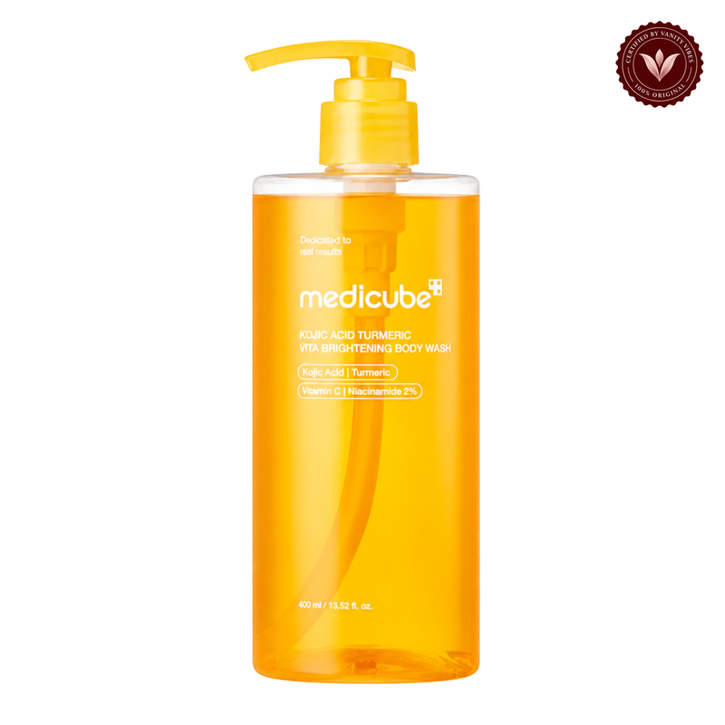 Medicube Kojic Acid Turmeric Vita Brightening Body Wash 400ml front product photo with Vanity Vibes seal