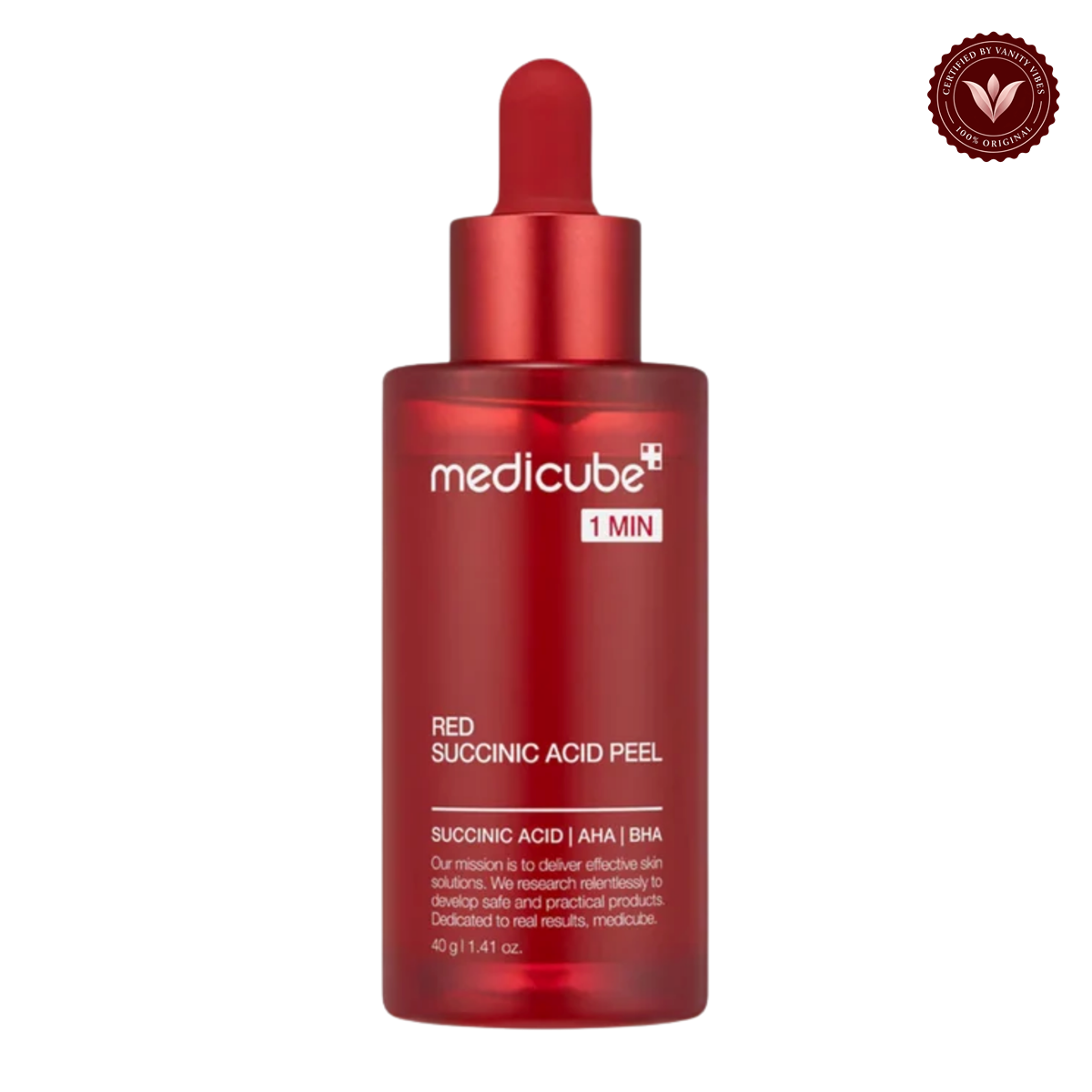 Medicube 1 Min Red Acne Succinic Acid Peel 40gm front product photo with Vanity Vibes seal