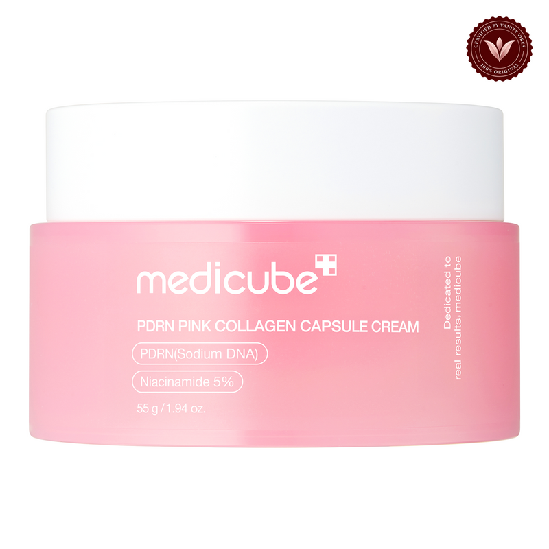 Medicube PDRN Pink Collagen Capsule Cream 55gm product photo on a white background with the Vanity Vibes seal at upper right