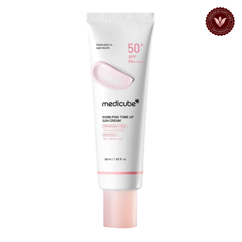 Medicube PDRN Pink Tone Up Sun Cream SPF 50+ PA++++ 50ml front product photo with Vanity Vibes seal