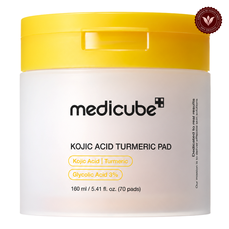 Medicube Kojic Acid Turmeric Pads 70 Pads front product photo with Vanity Vibes seal