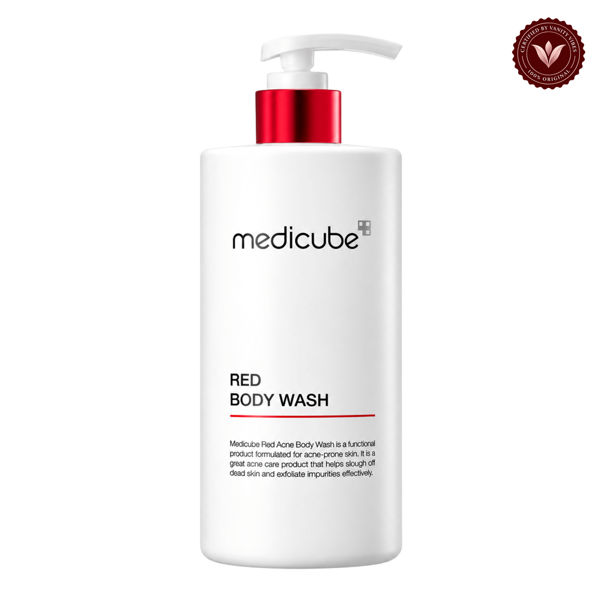Medicube Red Acne Body Wash 2.0 400gm front product photo with Vanity Vibes seal