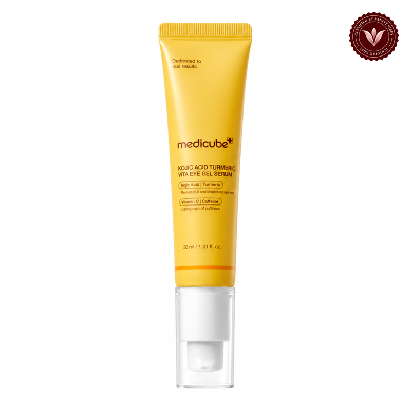 Medicube Kojic Acid Tumeric Eye Gel Serum 30ml front product photo with Vanity Vibes seal