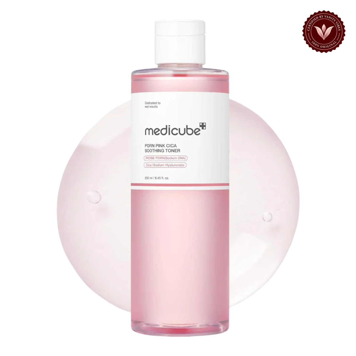 Medicube PDRN Pink Cica Soothing Toner 250ml front product photo with Vanity Vibes seal