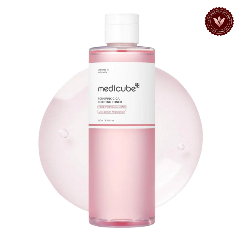 Medicube PDRN Pink Cica Soothing Toner 250ml front product photo with Vanity Vibes seal