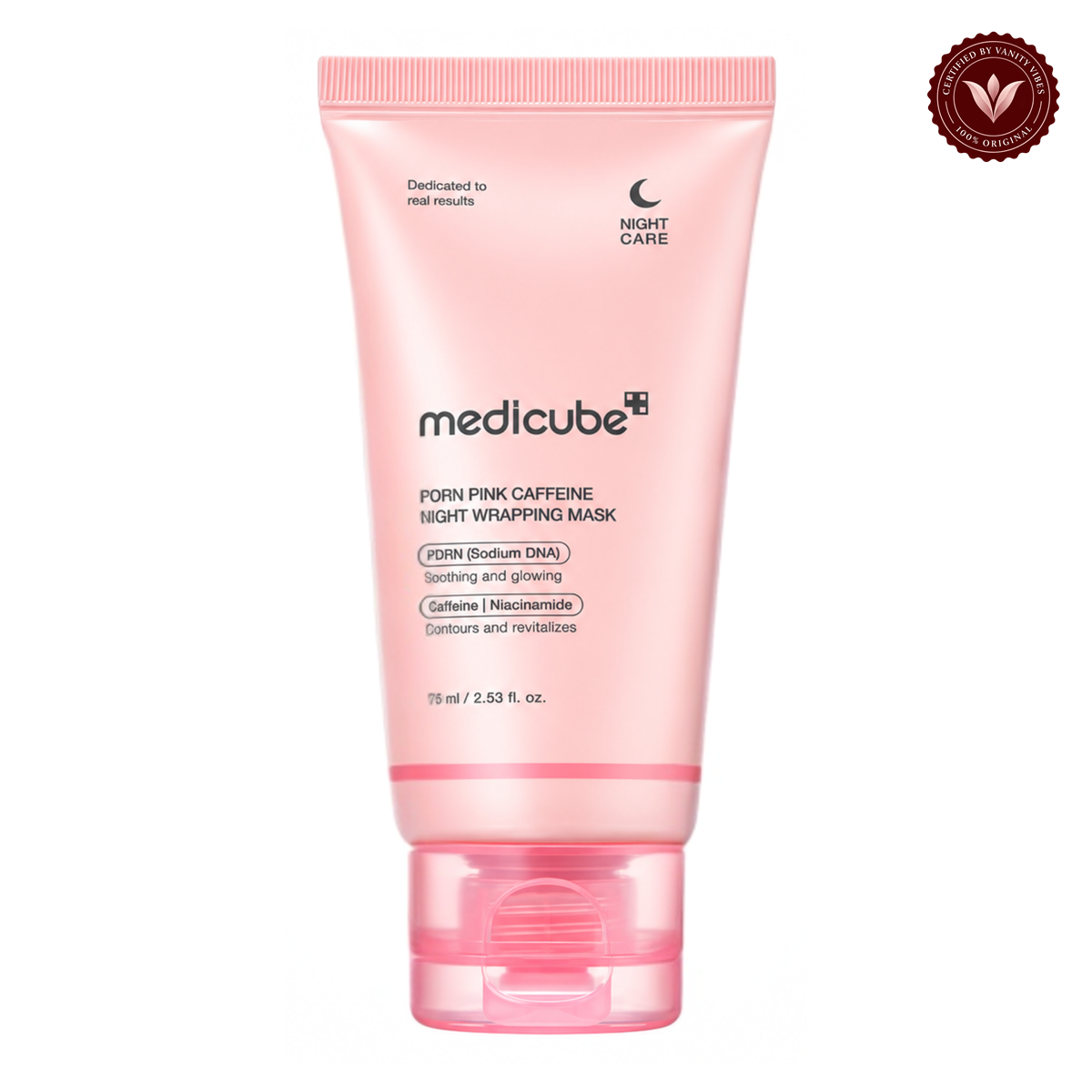 Medicube PDRN Pink Caffeine Night Wrapping Mask 75ml front product photo with Vanity Vibes seal