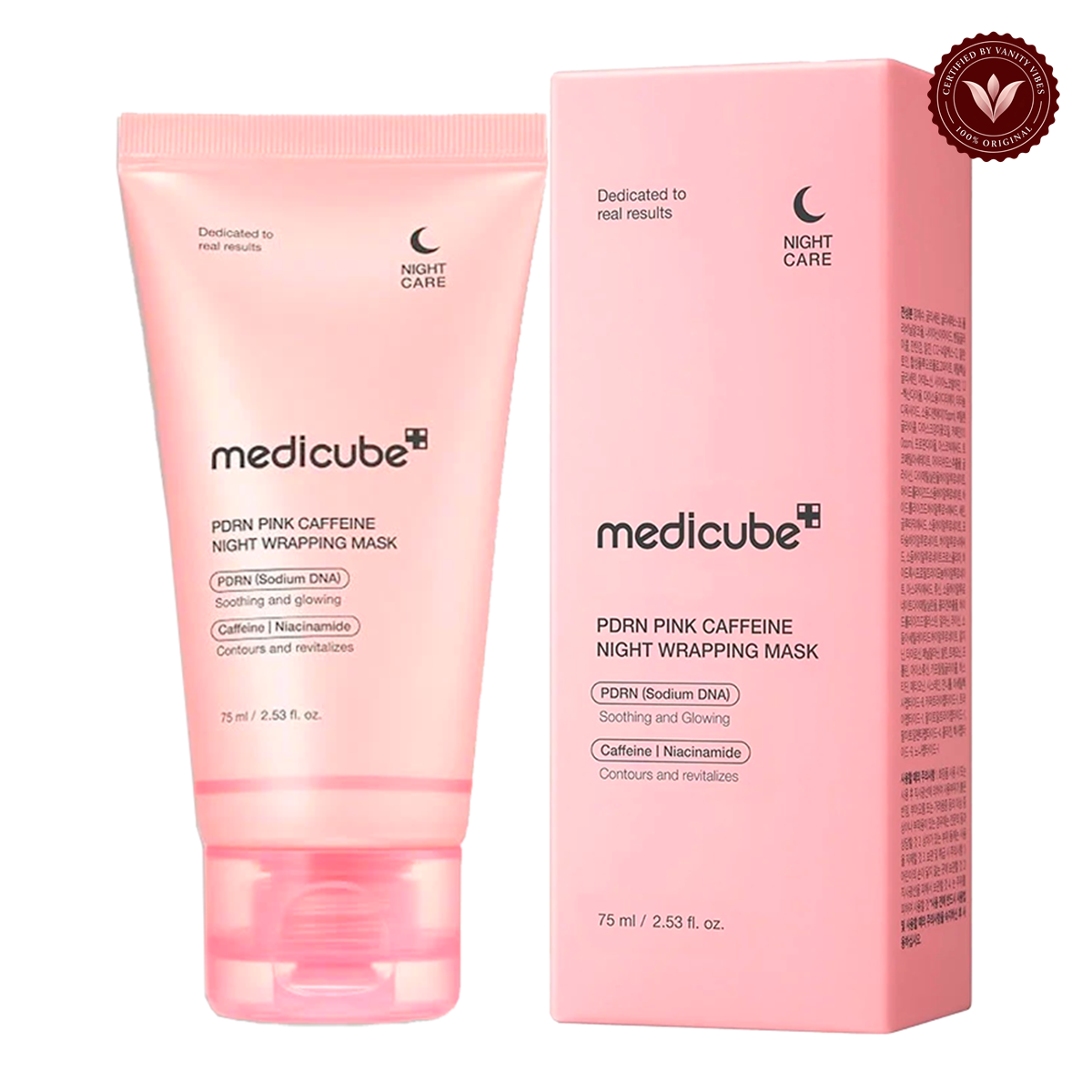 Medicube PDRN Pink Caffeine Night Wrapping Mask 75ml product photo on a white background with the Vanity Vibes seal at upper right
