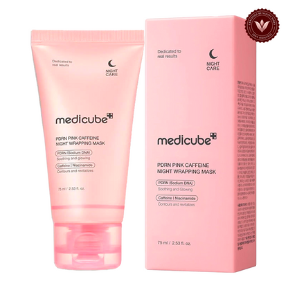Medicube PDRN Pink Caffeine Night Wrapping Mask 75ml product photo on a white background with the Vanity Vibes seal at upper right