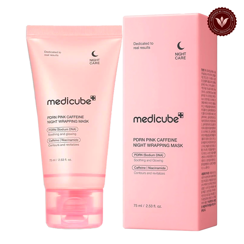 Medicube PDRN Pink Caffeine Night Wrapping Mask 75ml product photo on a white background with the Vanity Vibes seal at upper right